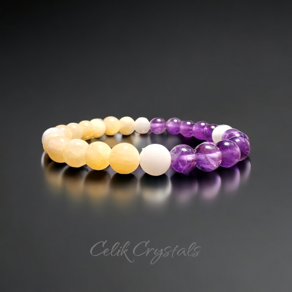 Amethyst Bracelet White Moonstone Honey Calcite Bracelet Natural Stones Unisex - Picture 1 of 5